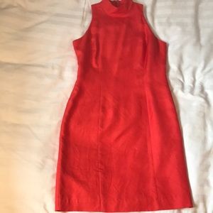 Orange silk high neck cut in sleeve lined sheath dress